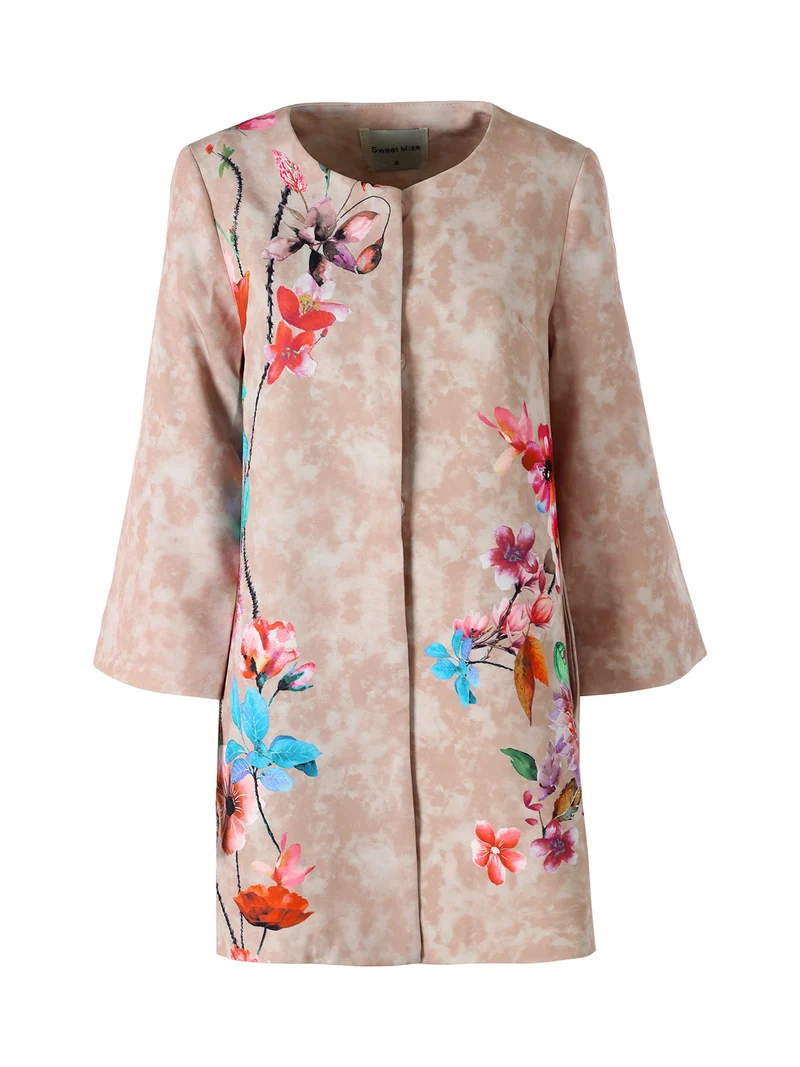Cappotto donna con stampe floreali e maniche 3/4 a campana - beige
