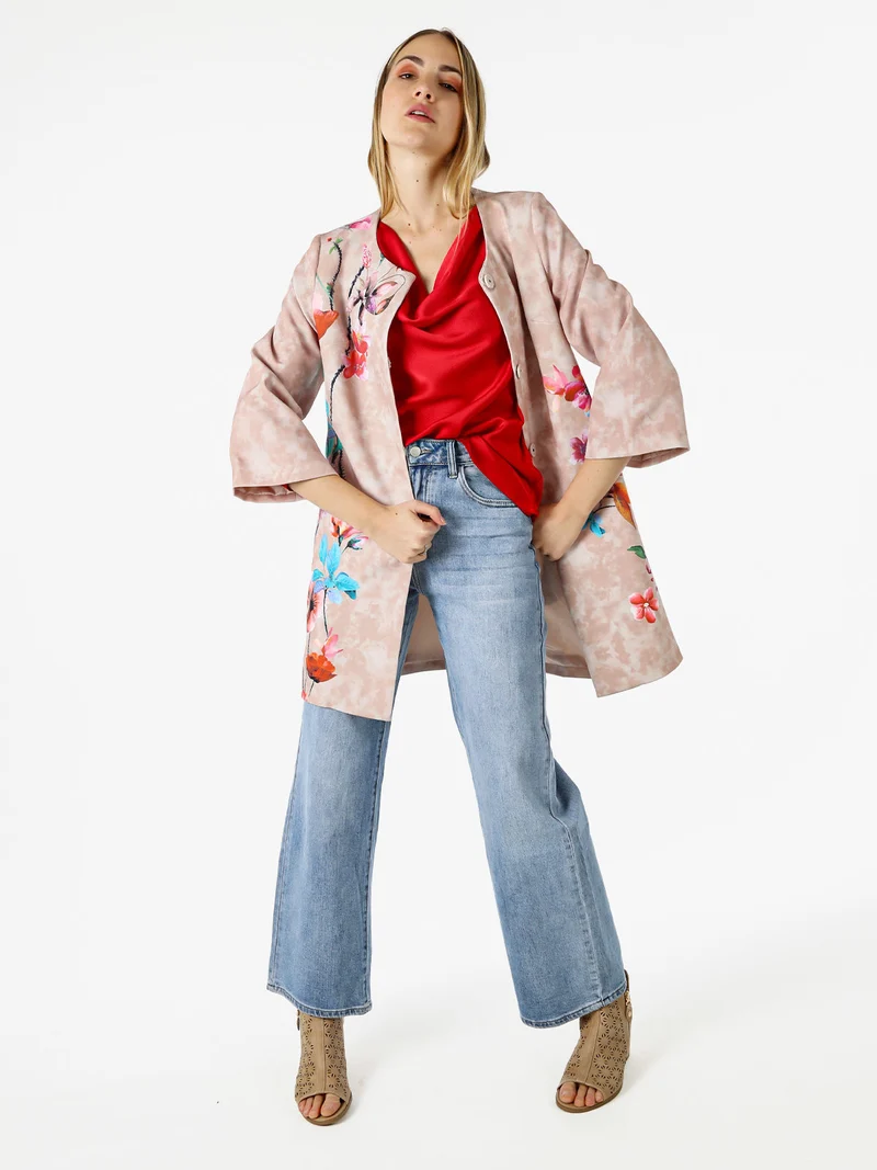 Cappotto donna con stampe floreali e maniche 3/4 a campana - beige