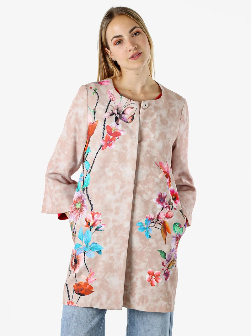 Cappotto donna con stampe floreali e maniche 3/4 a campana - beige