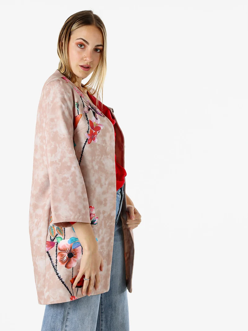 Cappotto donna con stampe floreali e maniche 3/4 a campana - beige