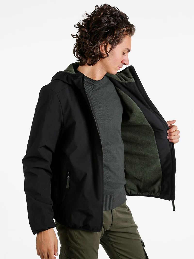 Giubbotto impermeabile da uomo con cappuccio e zip - nero