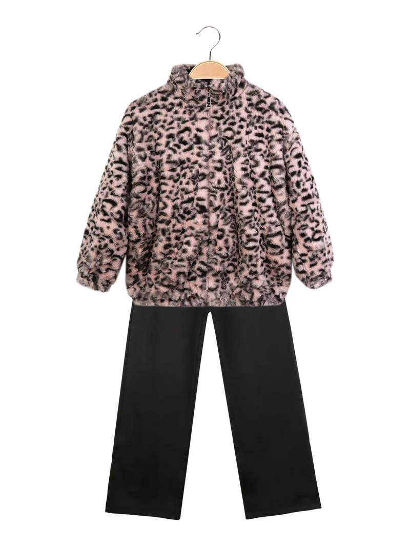 Completo 3 pezzi da bambina con giacca in ecopelliccia - rosa