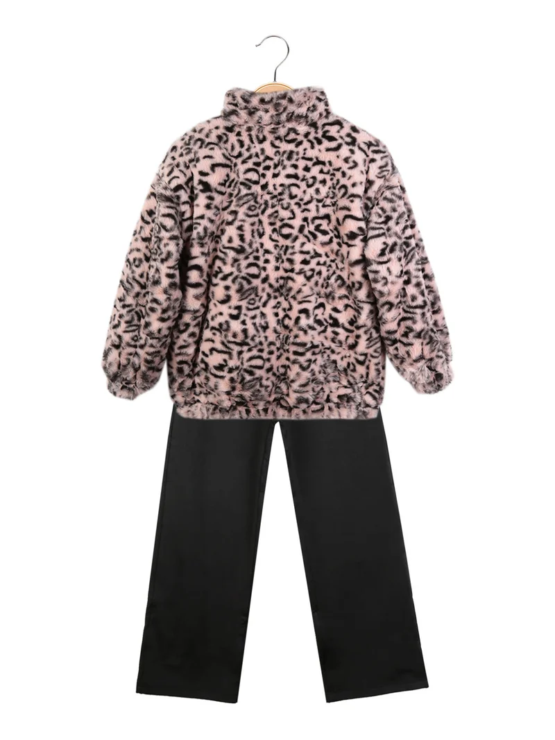 Completo 3 pezzi da bambina con giacca in ecopelliccia - rosa
