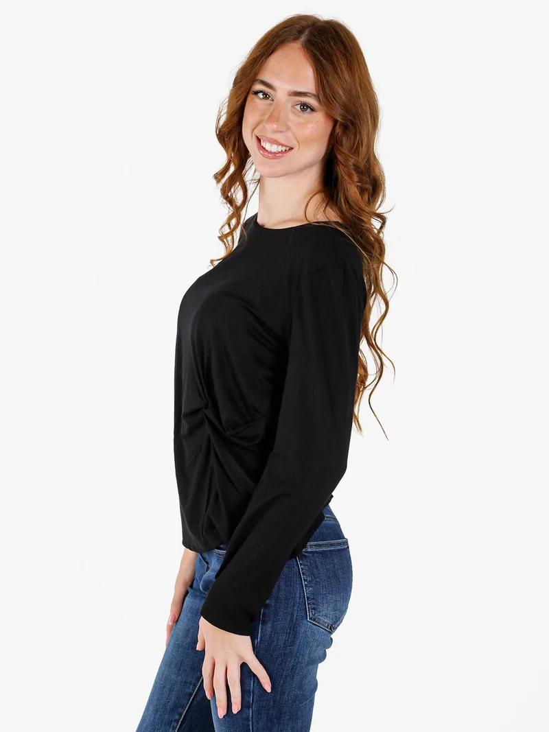 Maglietta donna in viscosa a maniche lunghe con arricciatura - nero