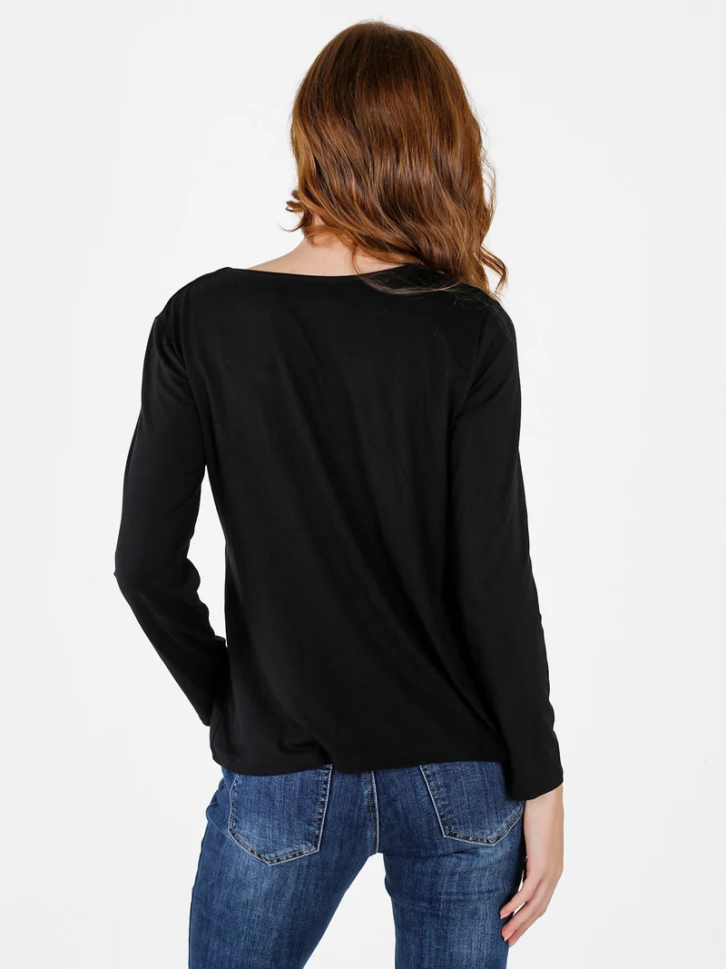 Maglietta donna in viscosa a maniche lunghe con arricciatura - nero