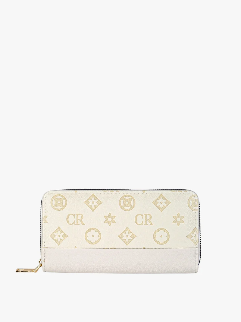 Portafoglio donna con stampa monogramma e zip - beige