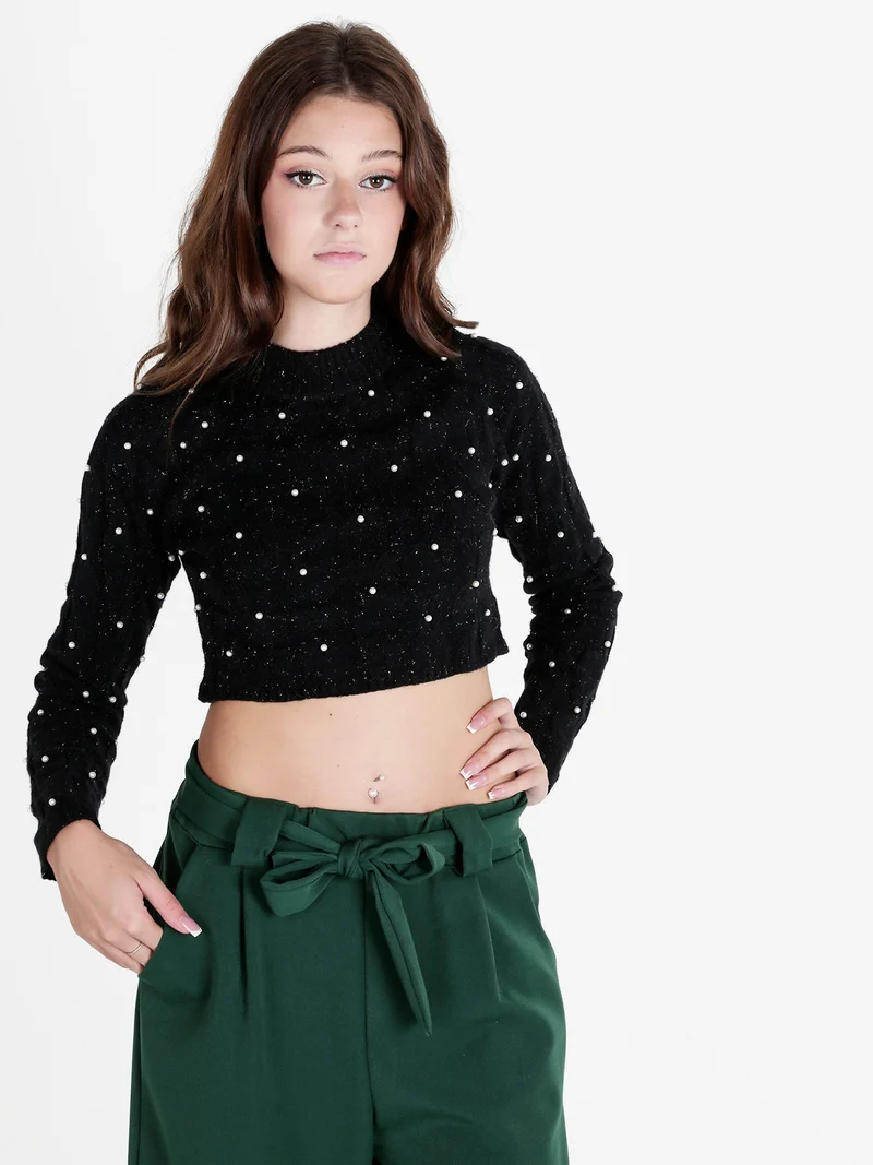 Maglione cropped da donna con perle - nero
