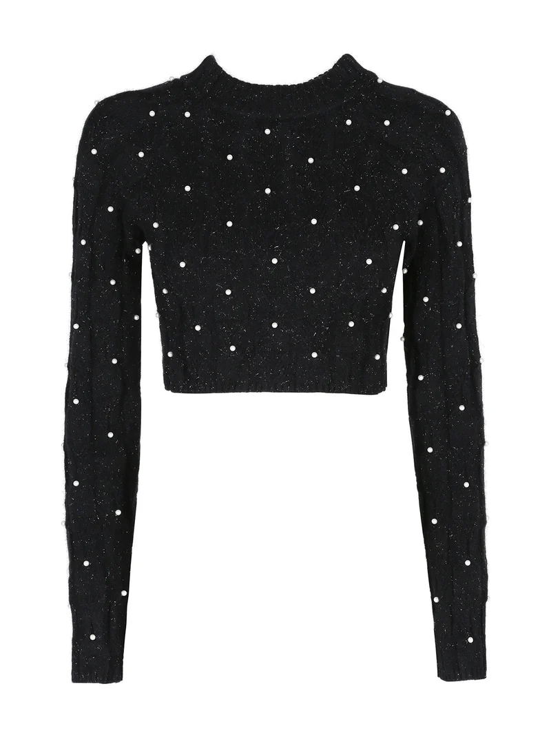 Maglione cropped da donna con perle - nero