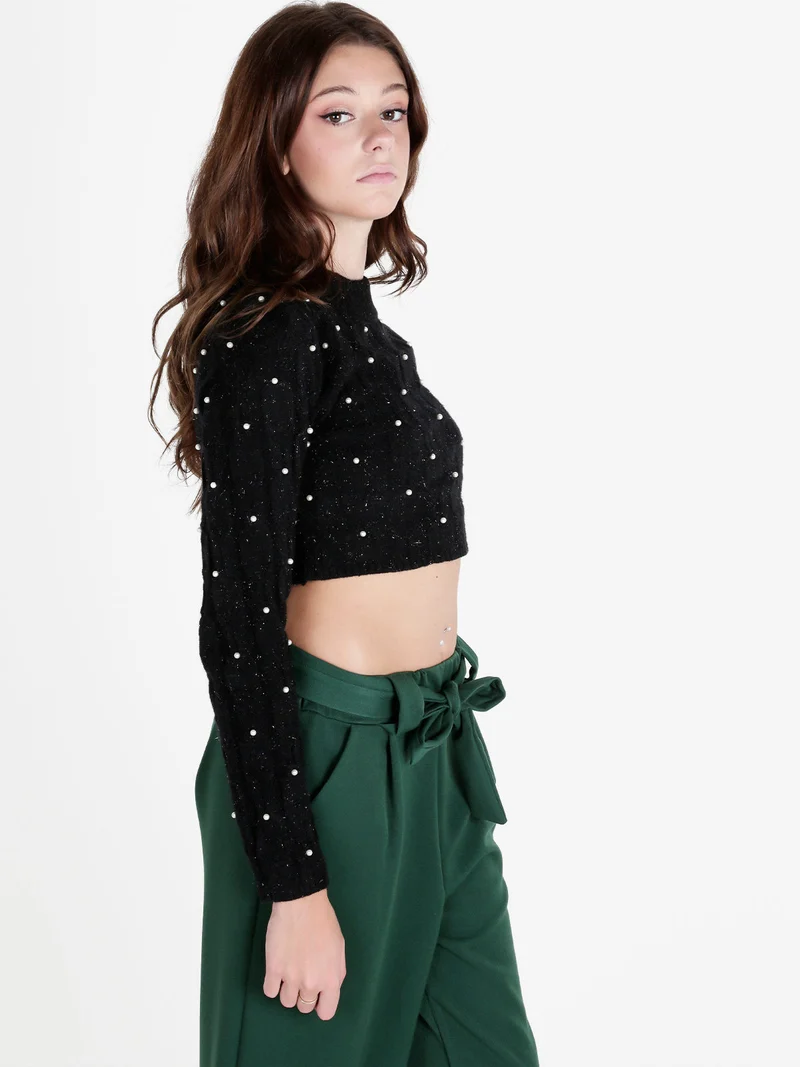 Maglione cropped da donna con perle - nero