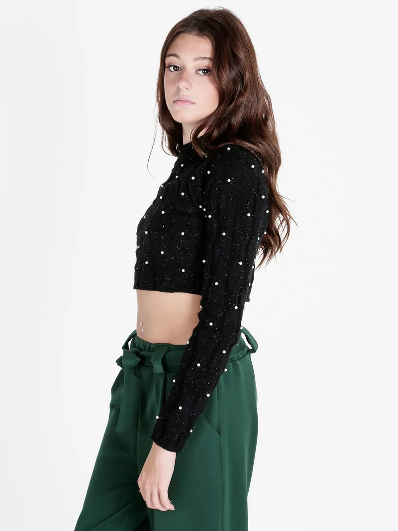 Maglione cropped da donna con perle - nero