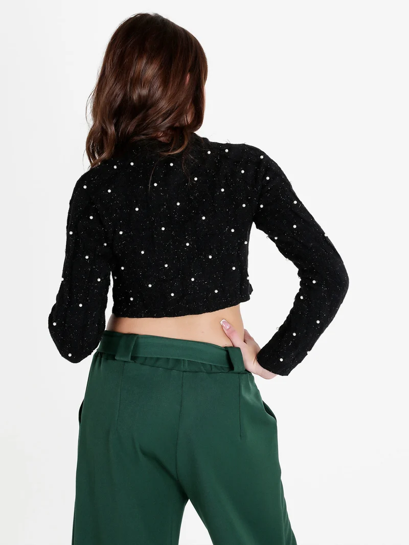 Maglione cropped da donna con perle - nero