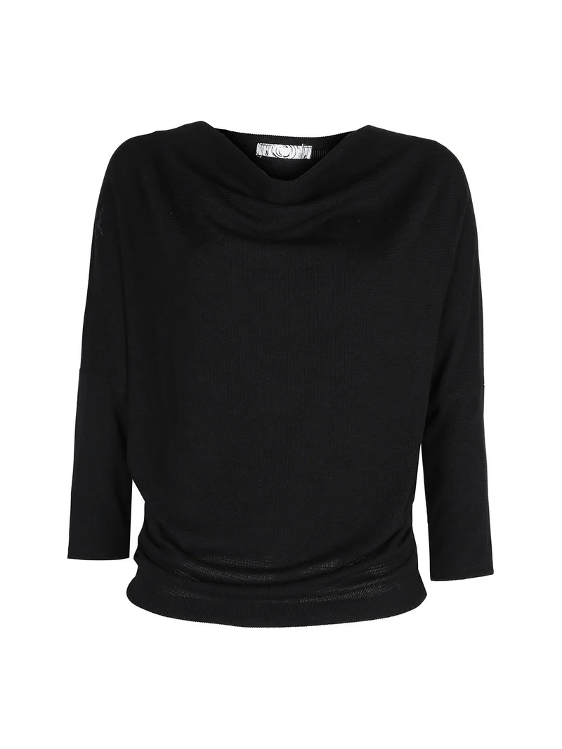 Blusa donna con scollo a cascata e maniche a pipistrello - nero