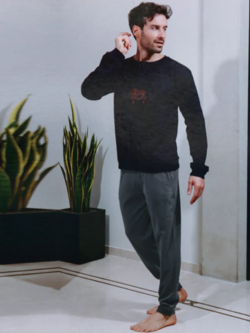 Pigiama uomo in misto cotone interlock con logo - blu scuro