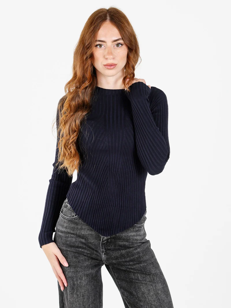 Maglia donna a costine con finale a punta - blu scuro