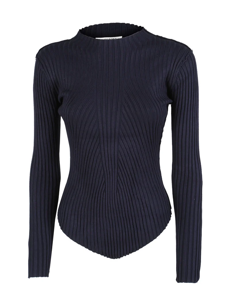 Maglia donna a costine con finale a punta - blu scuro