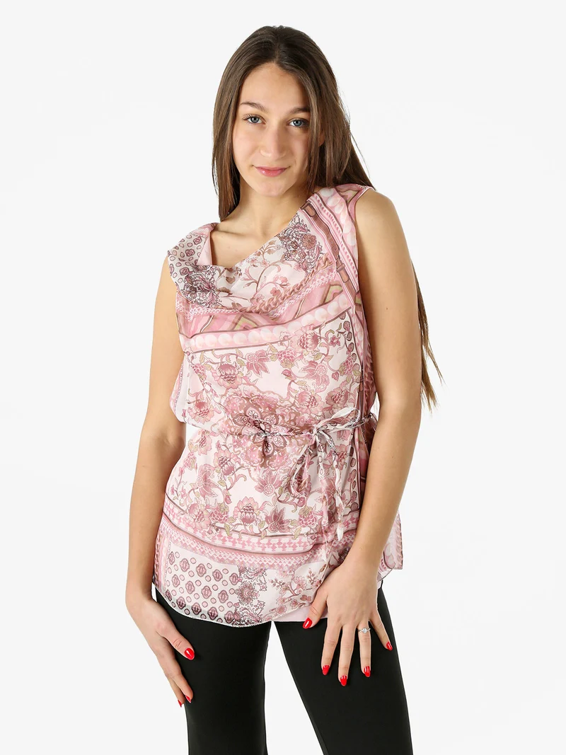 Blusa donna smanicata con scollo a cascata e stampe - rosa
