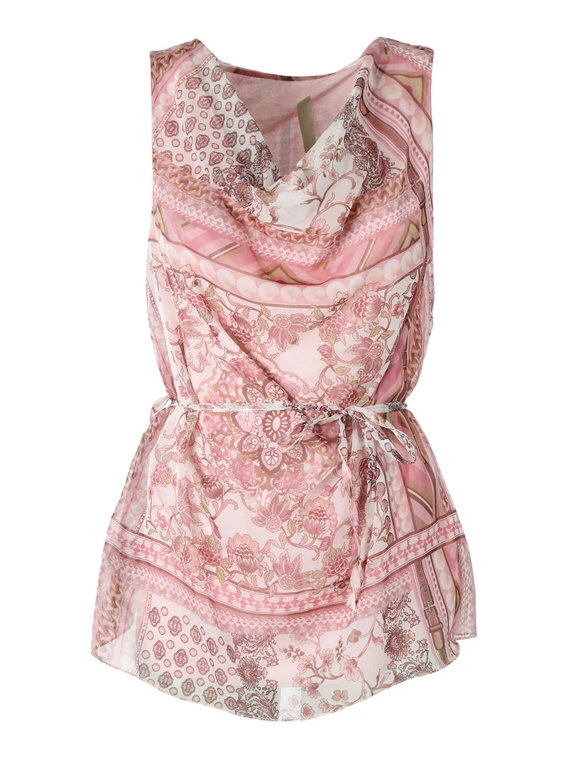 Blusa donna smanicata con scollo a cascata e stampe - rosa