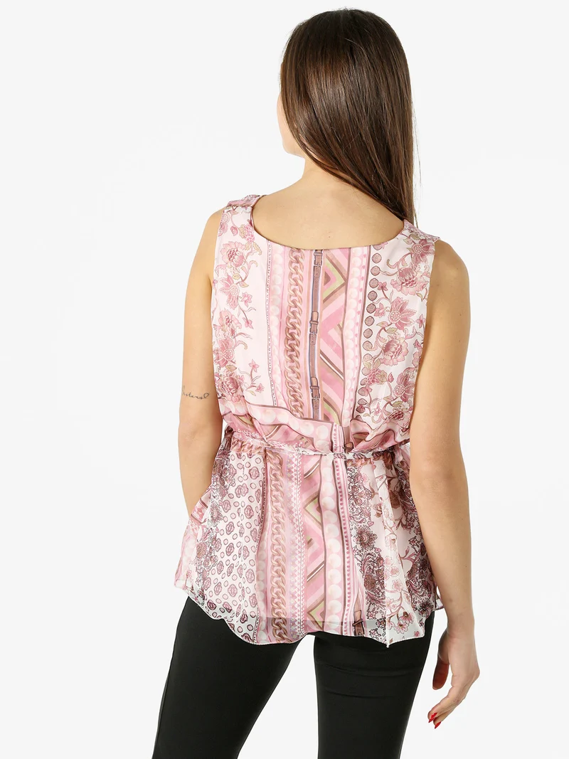 Blusa donna smanicata con scollo a cascata e stampe - rosa