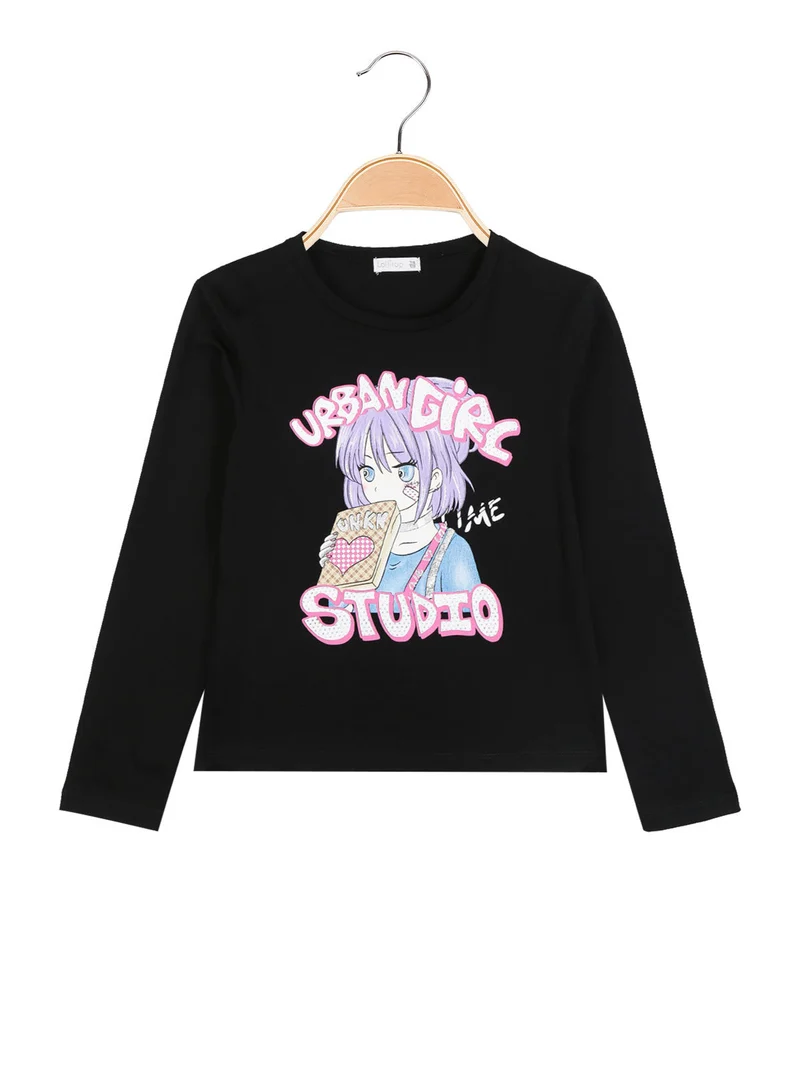 T-shirt manica lunga da bambina con stampe - nero
