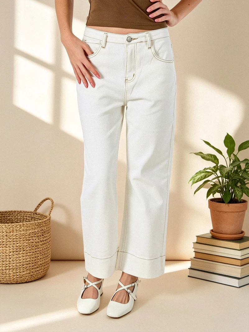 Pantaloni donna jeans wide leg cropped - panna
