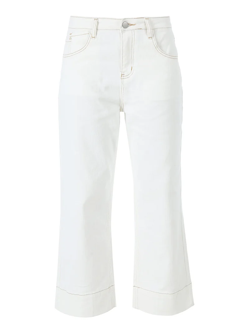 Pantaloni donna jeans wide leg cropped - panna