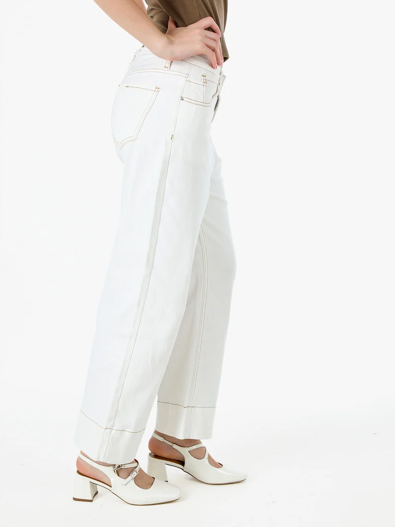 Pantaloni donna jeans wide leg cropped - panna