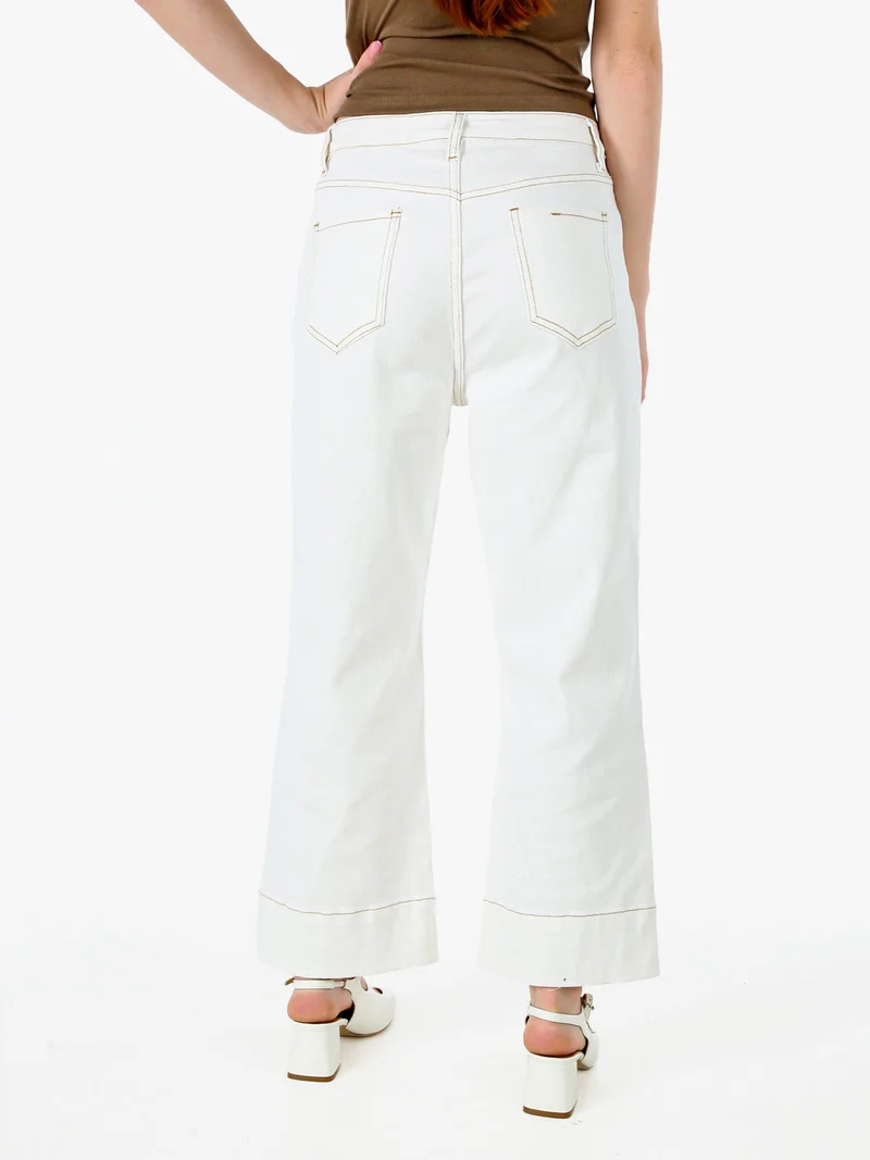Pantaloni donna jeans wide leg cropped - panna