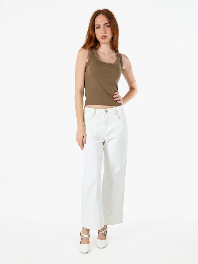Pantaloni donna jeans wide leg cropped - panna