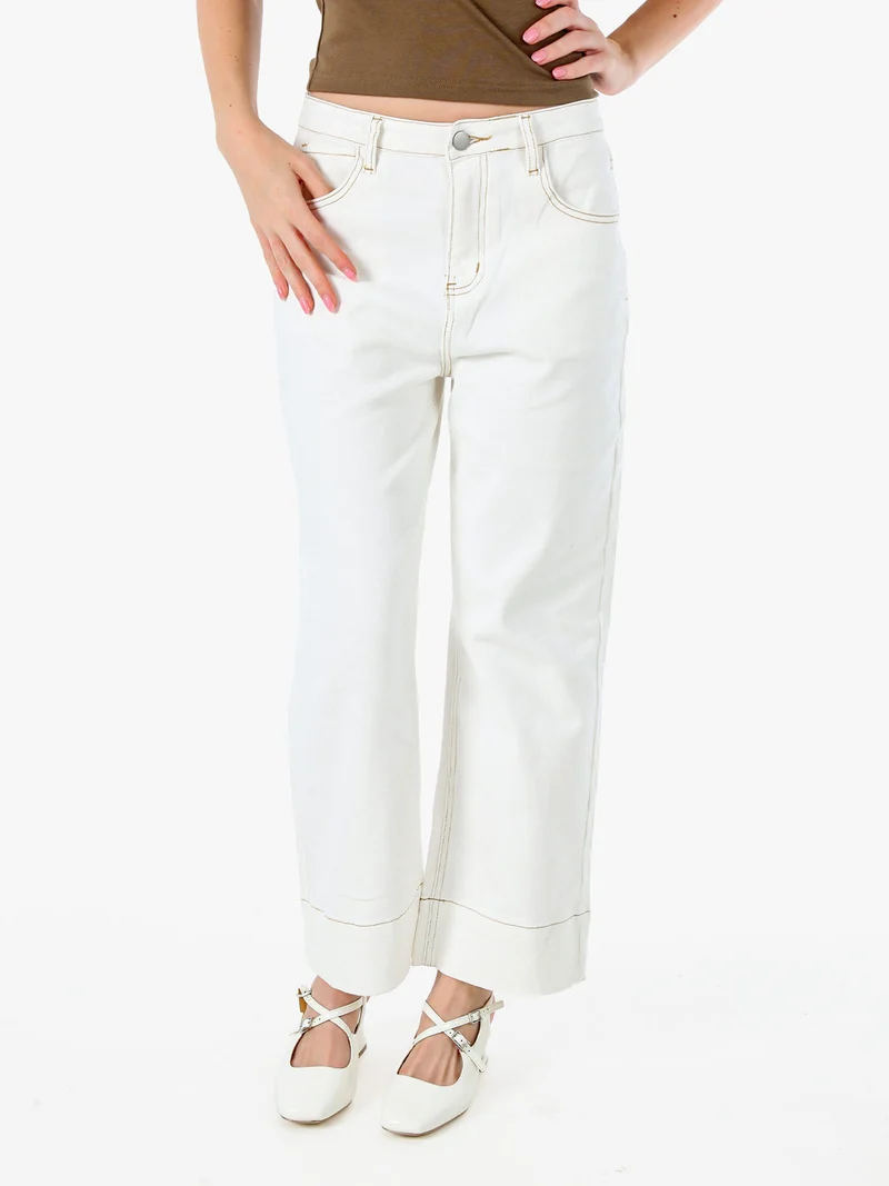 Pantaloni donna jeans wide leg cropped - panna