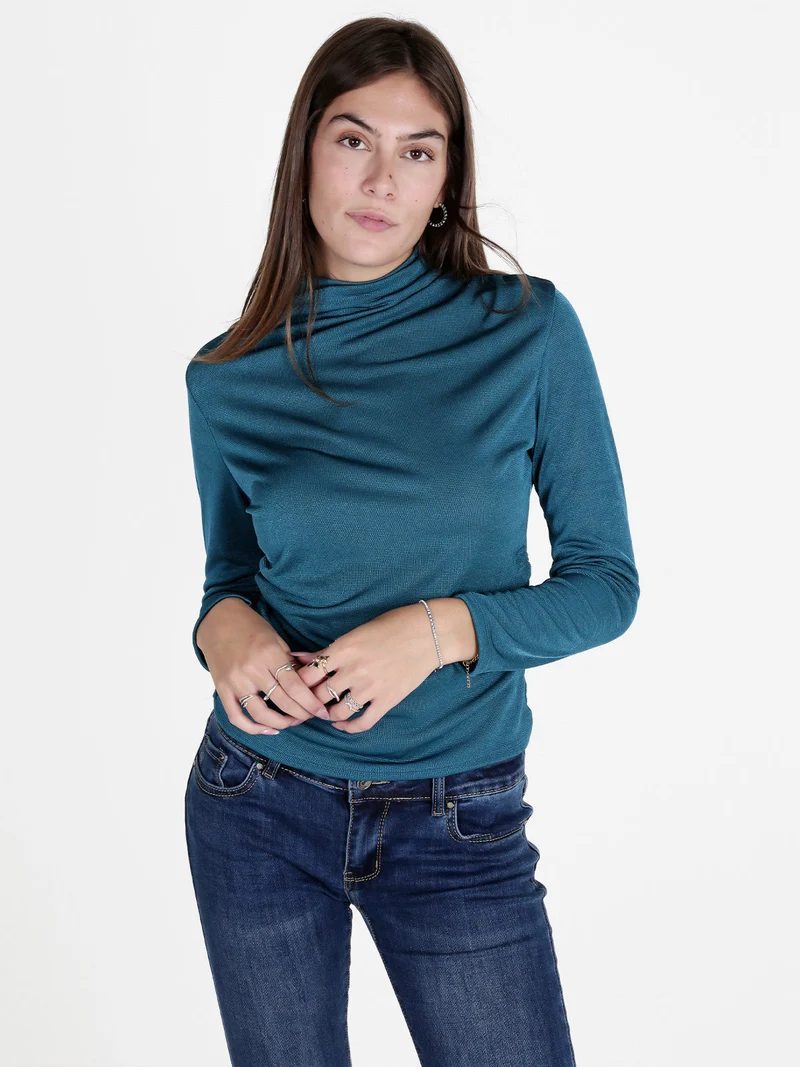 Maglia donna accollata a maniche lunghe - ottanio