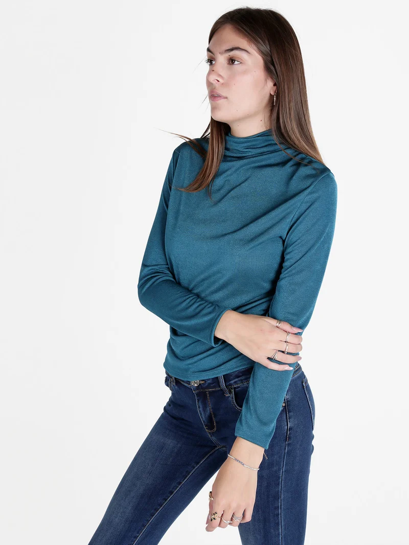 Maglia donna accollata a maniche lunghe - ottanio