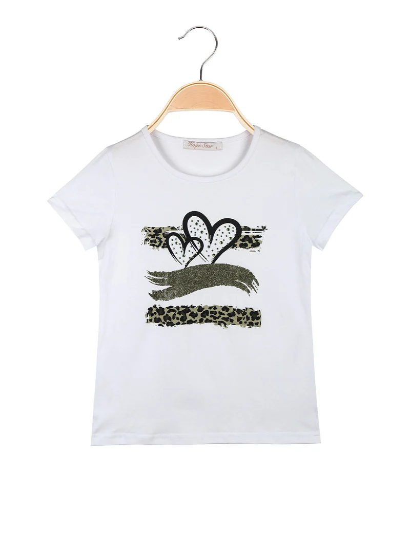 T-shirt da bambina in cotone con stampa cuori - militare
