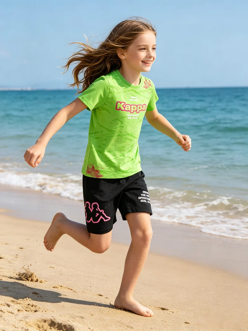 Completo corto da bambina in cotone con t-shirt e shorts - verde