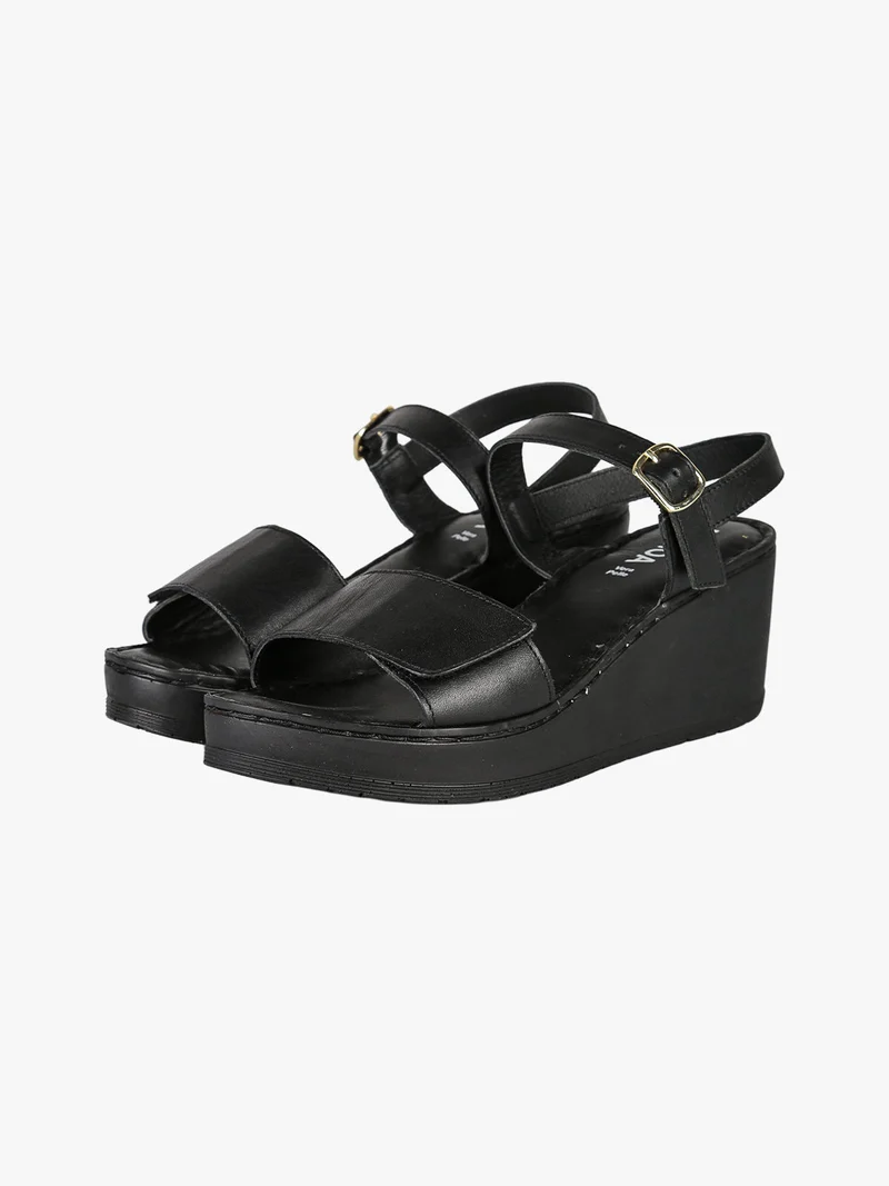 Sandali donna in pelle con zeppa e plateau - nero