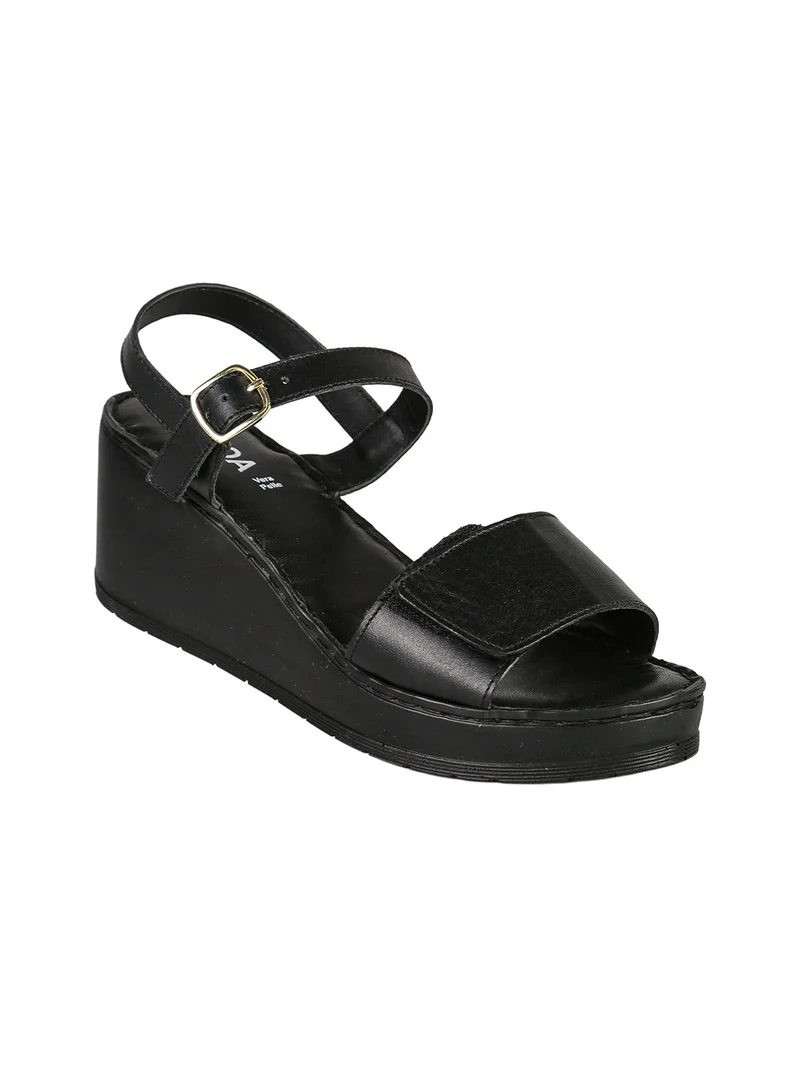 Sandali donna in pelle con zeppa e plateau - nero