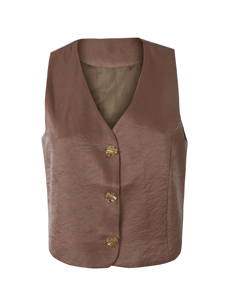 Gilet donna in tessuto cangiante con bottoni dorati - moro