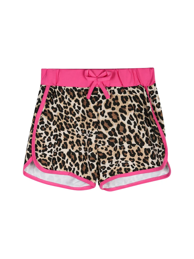 Completo corto da bambina con t-shirt crop e shorts maculati - fucsia