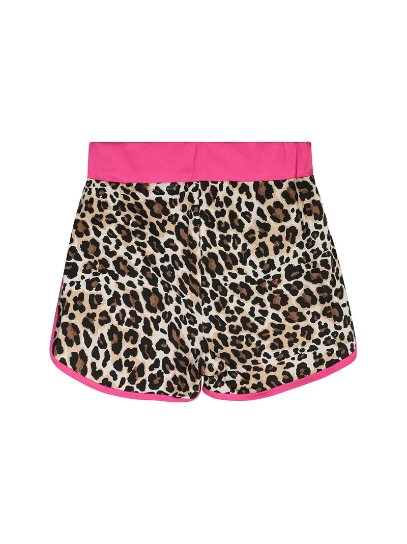 Completo corto da bambina con t-shirt crop e shorts maculati - fucsia