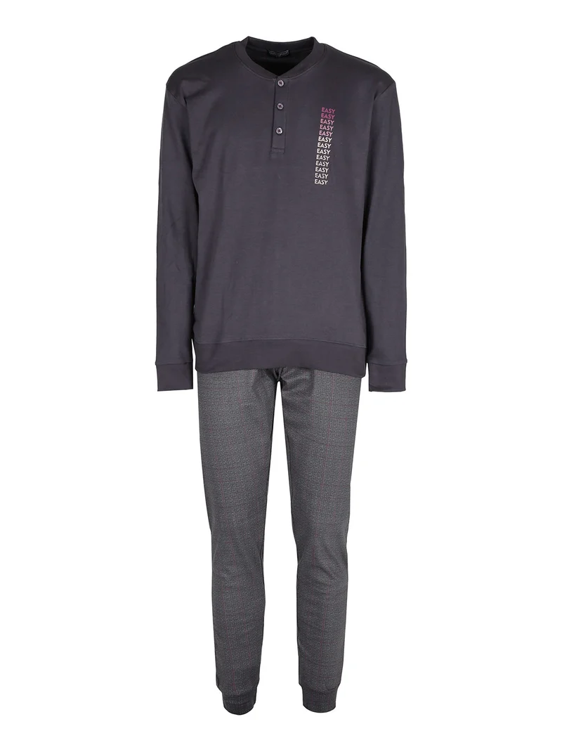 Pigiama lungo da uomo in cotone interlock - grigio scuro