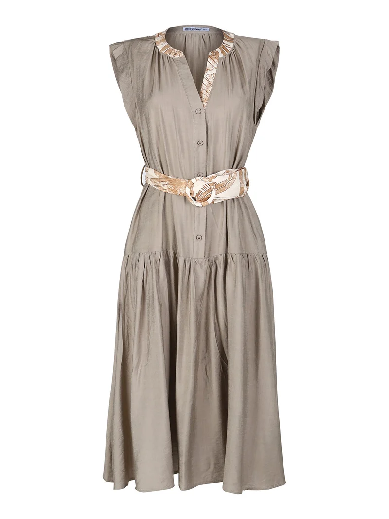 Abito lungo da donna senza maniche con cintura - khaki