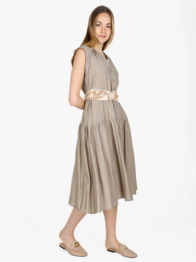 Abito lungo da donna senza maniche con cintura - khaki