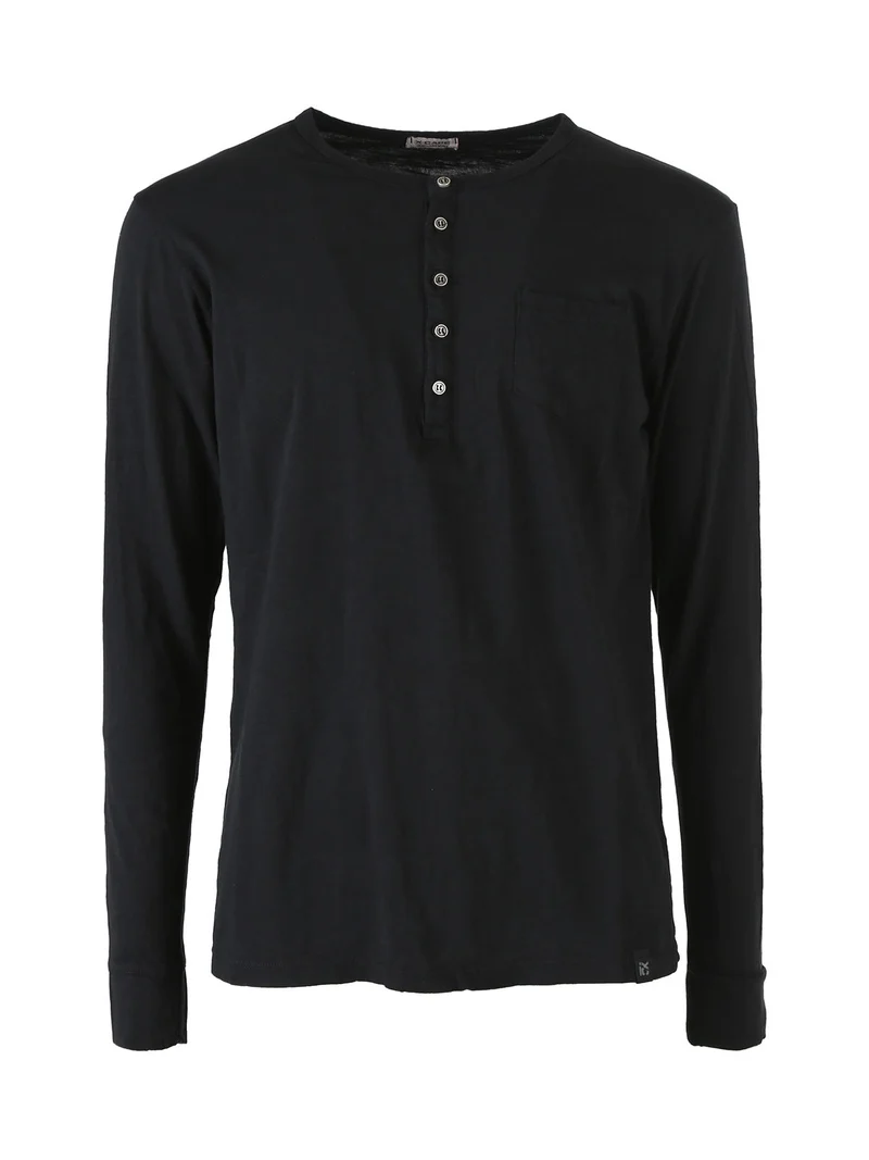 T-shirt da uomo a maniche lunghe con taschino e bottoncini sullo scollo - nero