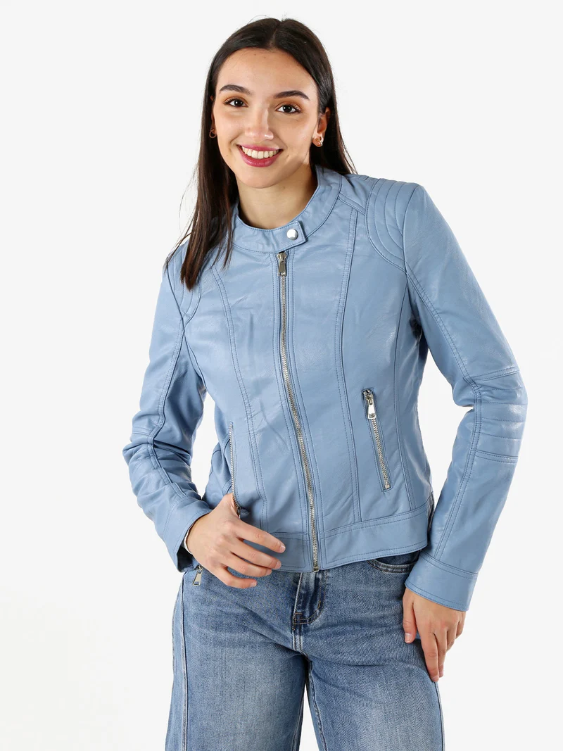 Giacca donna in ecopelle con zip - azzurro