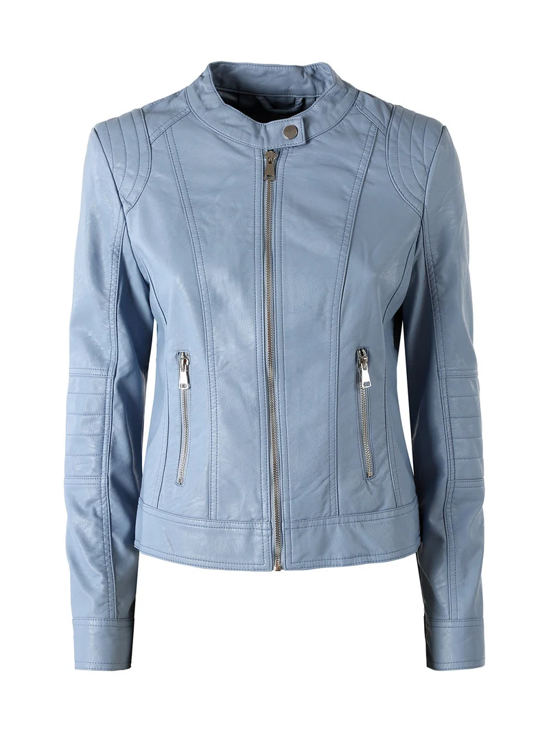 Giacca donna in ecopelle con zip - azzurro