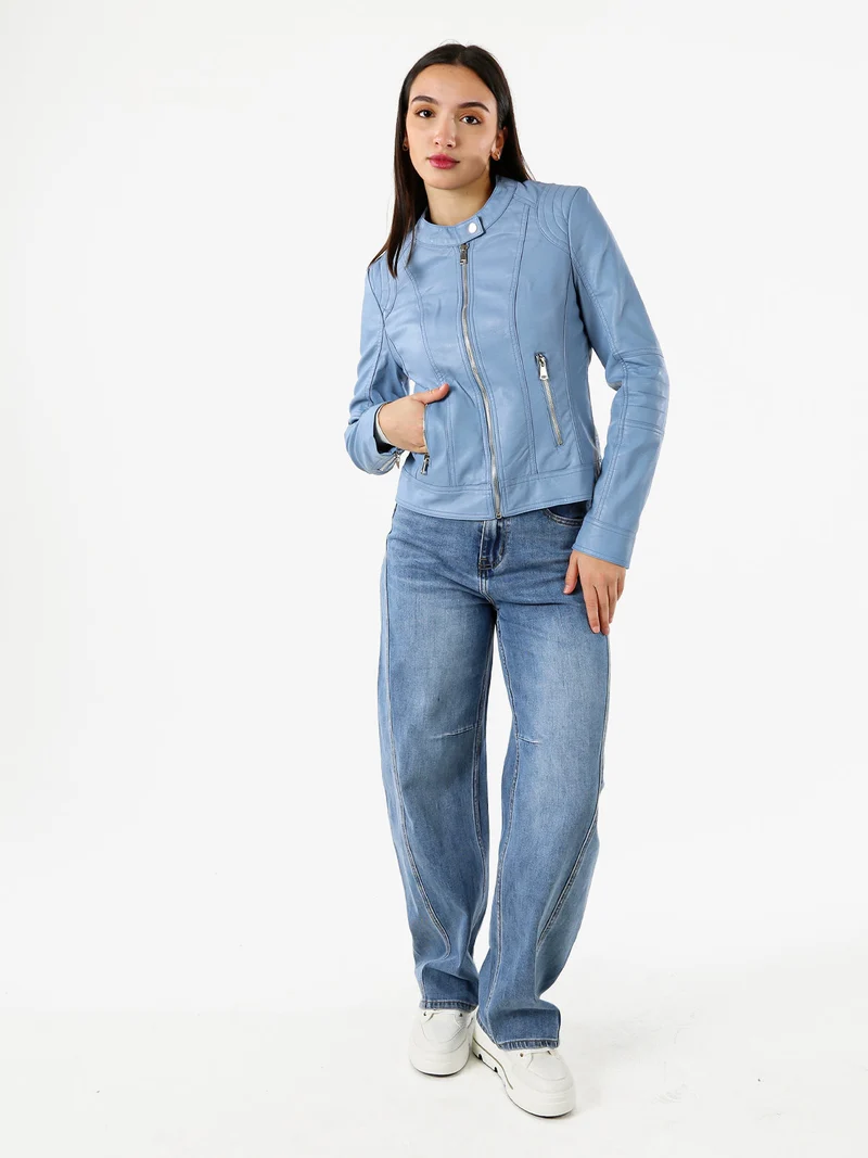 Giacca donna in ecopelle con zip - azzurro