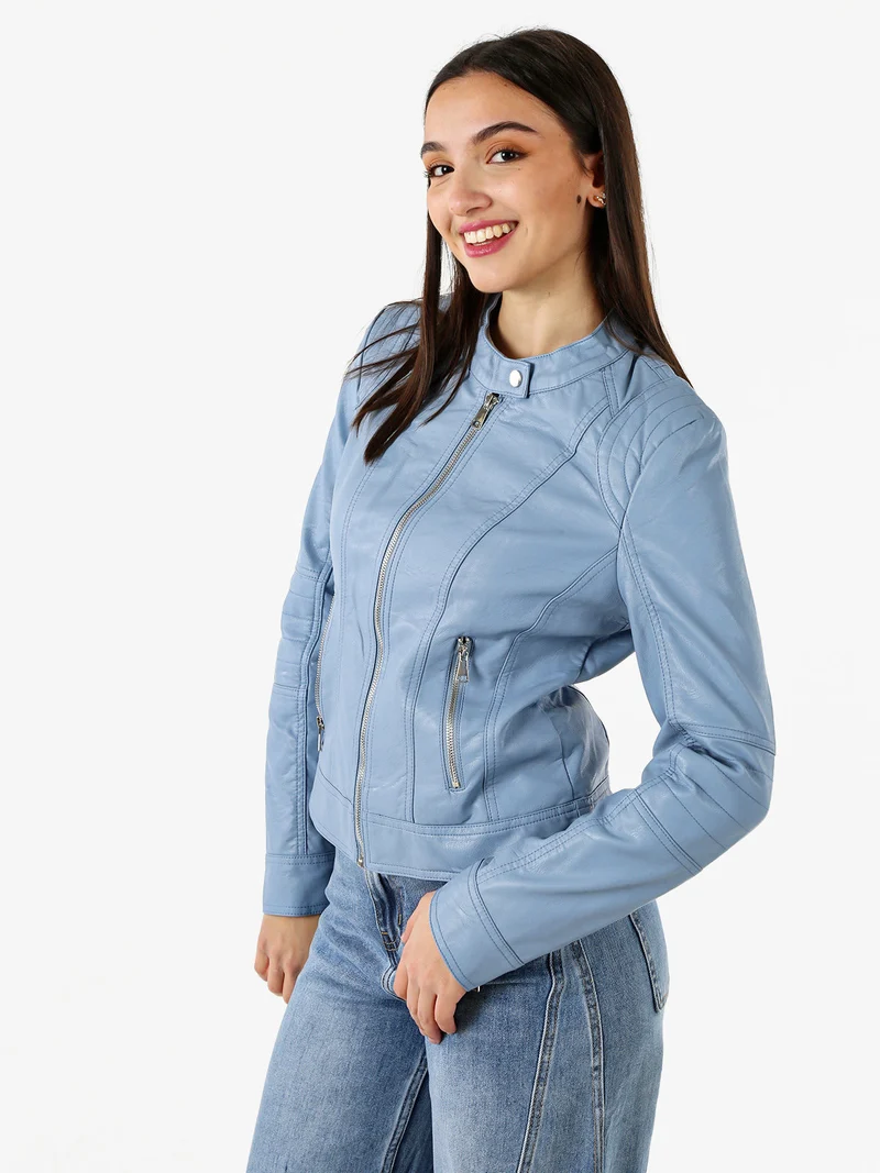Giacca donna in ecopelle con zip - azzurro