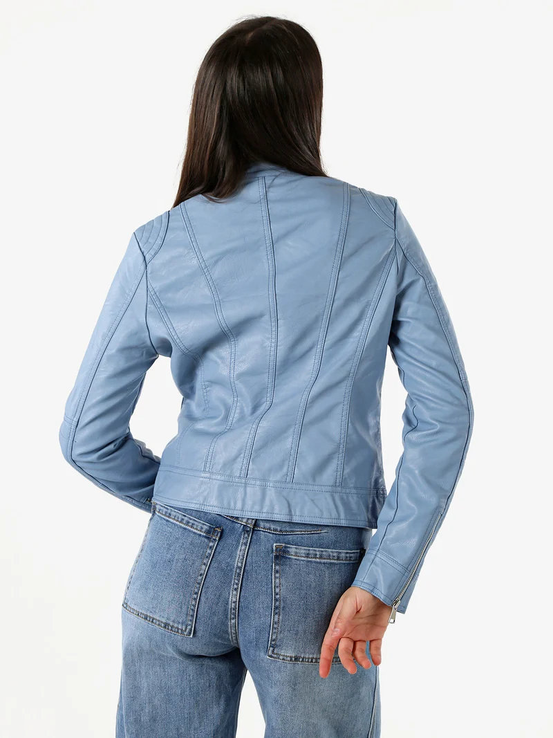 Giacca donna in ecopelle con zip - azzurro