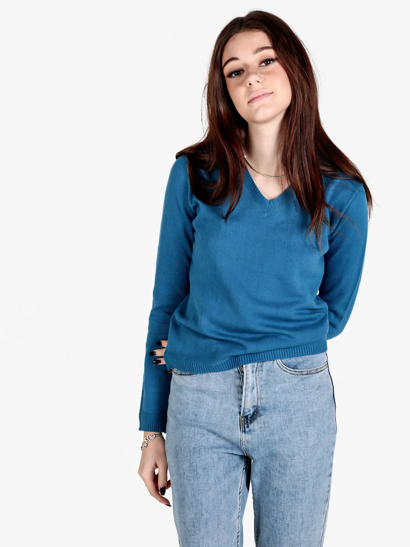 Pullover donna in maglia scollo V - blu
