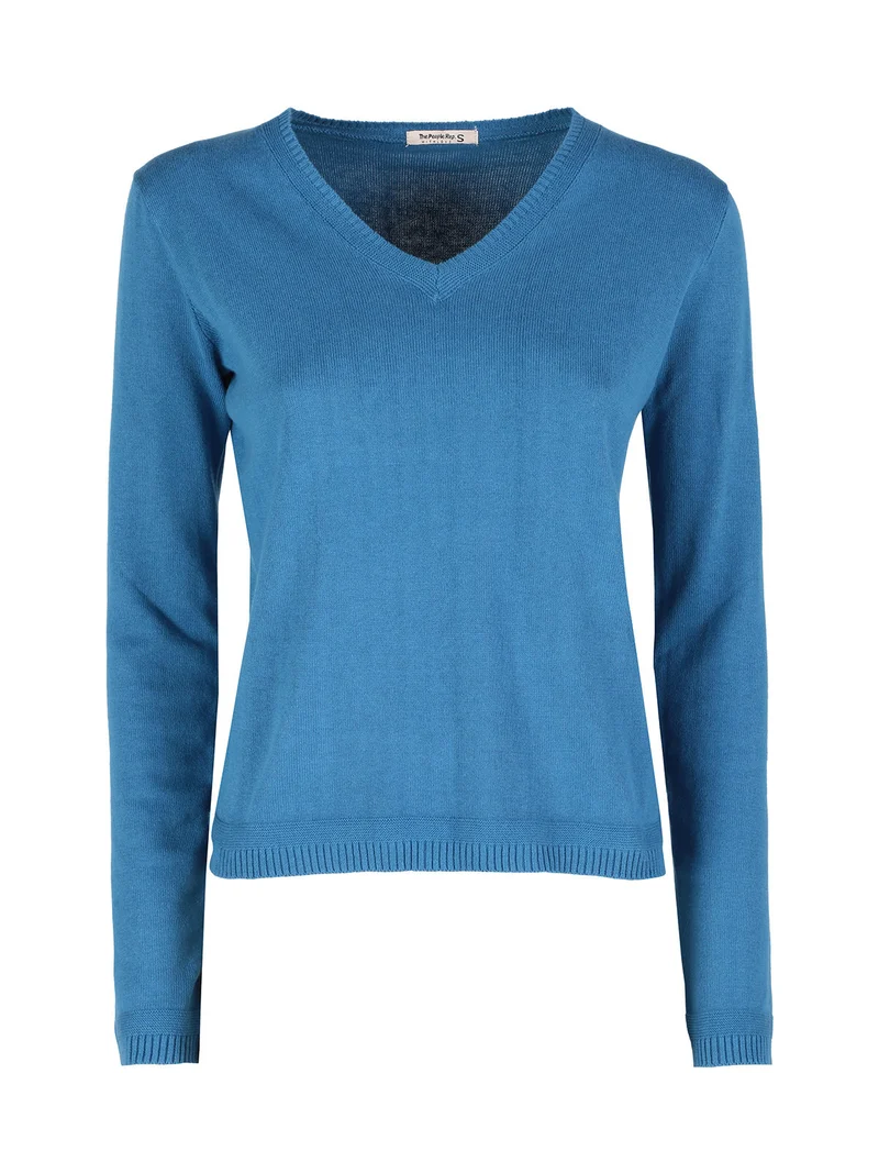 Pullover donna in maglia scollo V - blu
