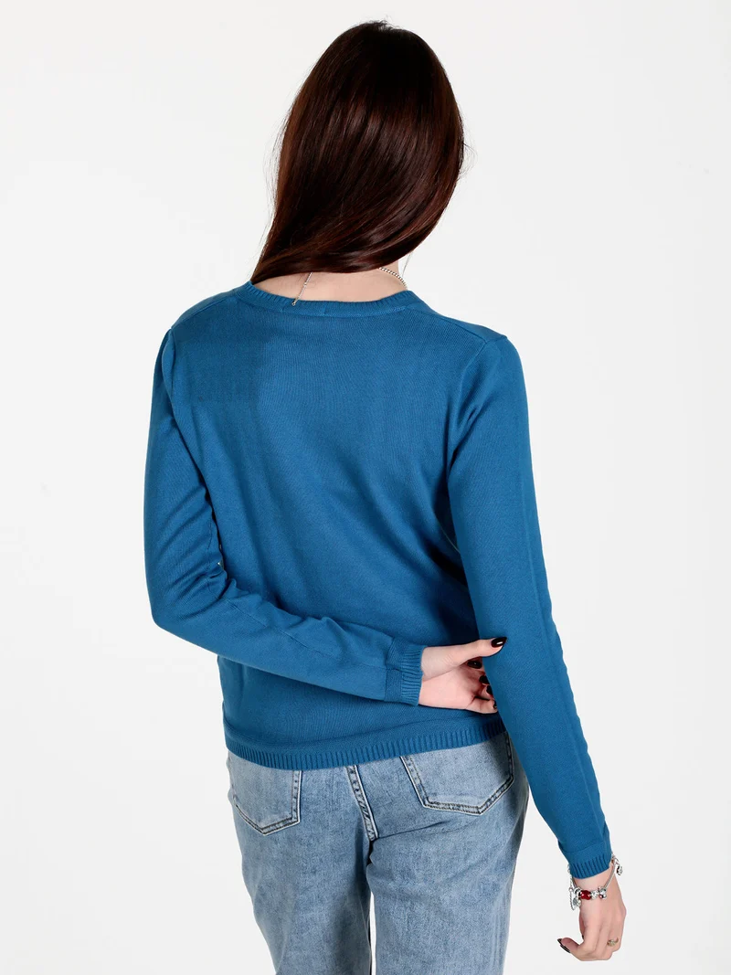 Pullover donna in maglia scollo V - blu